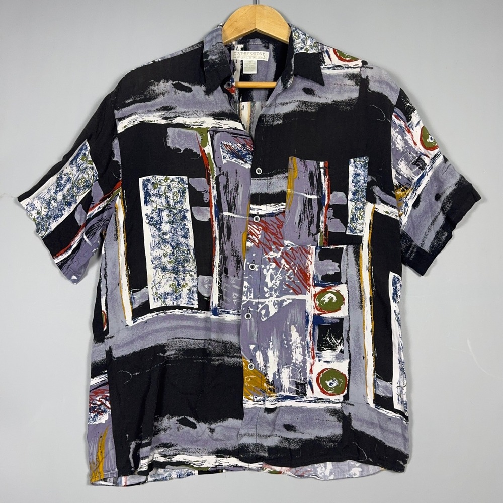 Expressions Worldwide Vintage Rayon Shirt Mens Medium Abstract Geometric